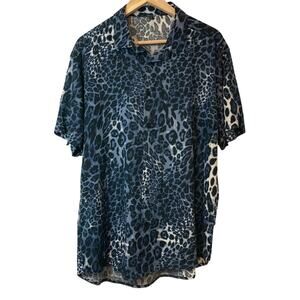 Blue Leopard Animal Print Lightweight Short Sleeve Button Up Shirt Blouse Top